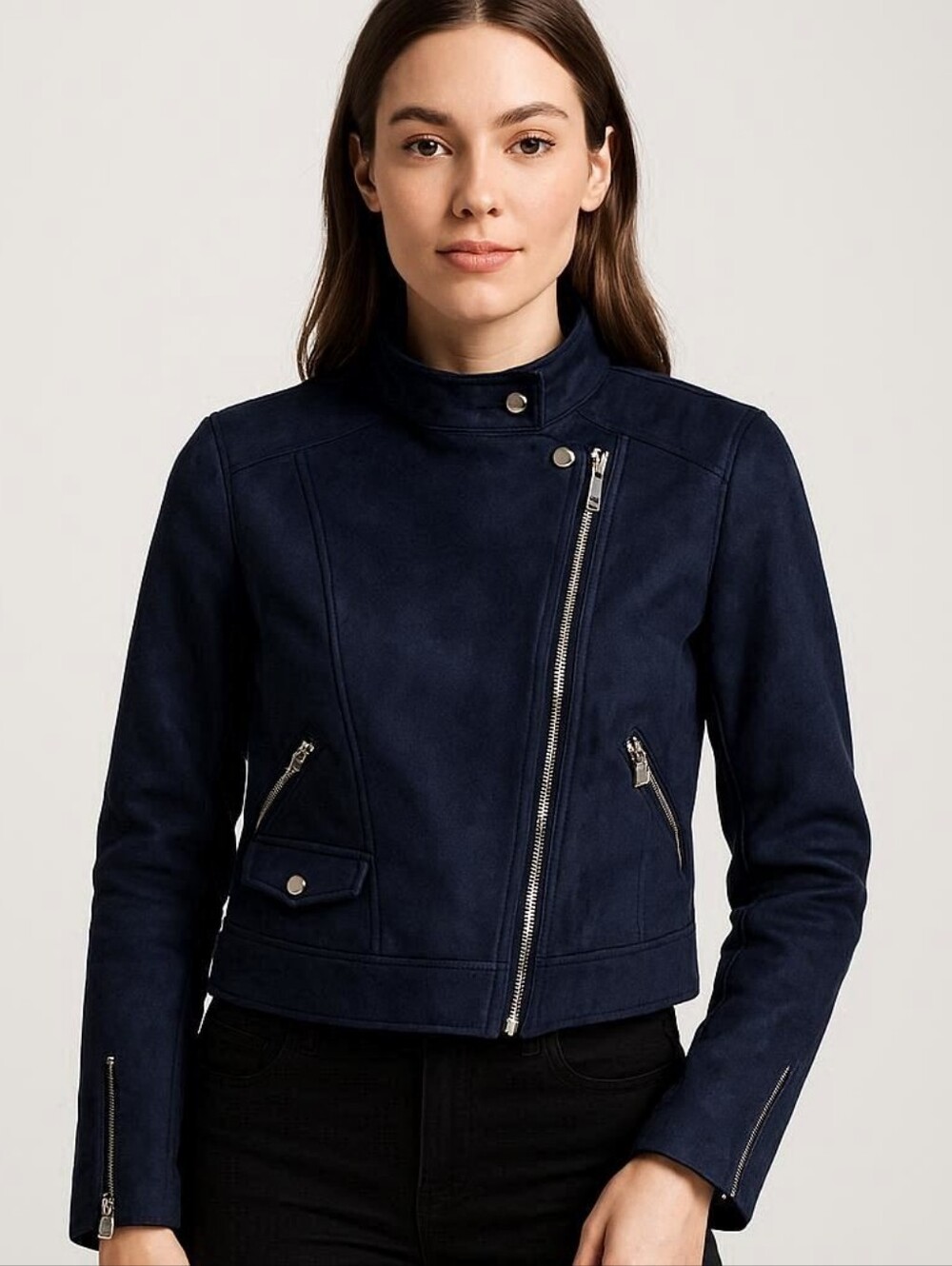 🎉Host Pick🎉 Banana Republic Navy Blue Vegan Suede Biker Jacket - Picture 1 of 10